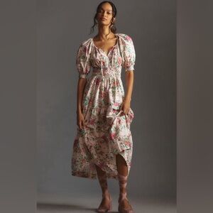 Anthropologie Dress Women’s Medium 100% Cotton Somerset Puff Sleeve Floral Midi